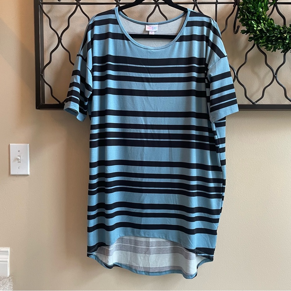LuLaRoe Irma blue with black stripes. NWOT